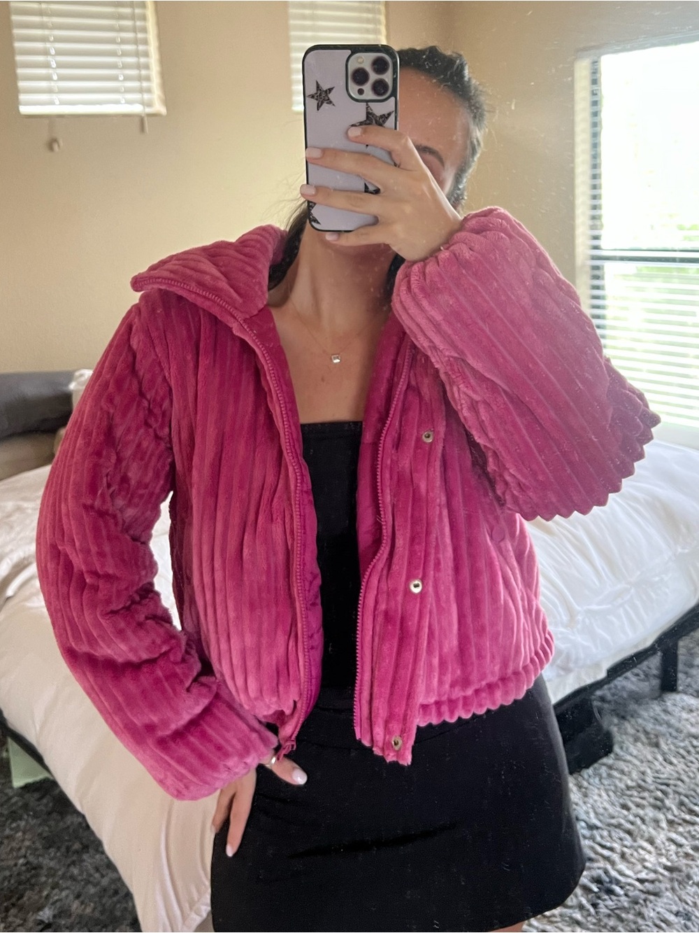 BDG Ribbed Teddy Jacket in Hot Pink